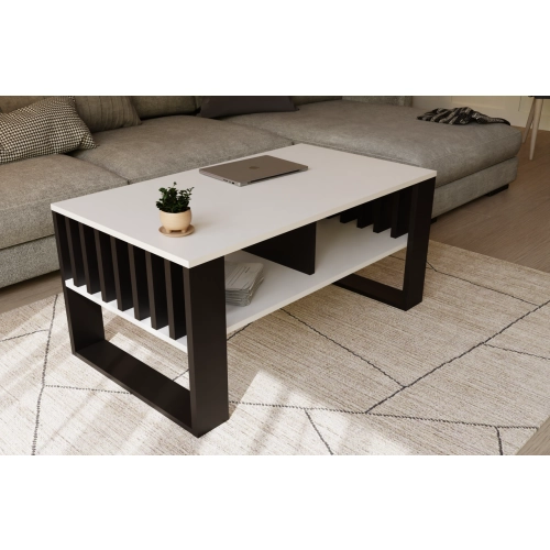 Stolik kawowy ST14 BIA z lamelami Ława Biały/Czarny z półką loft